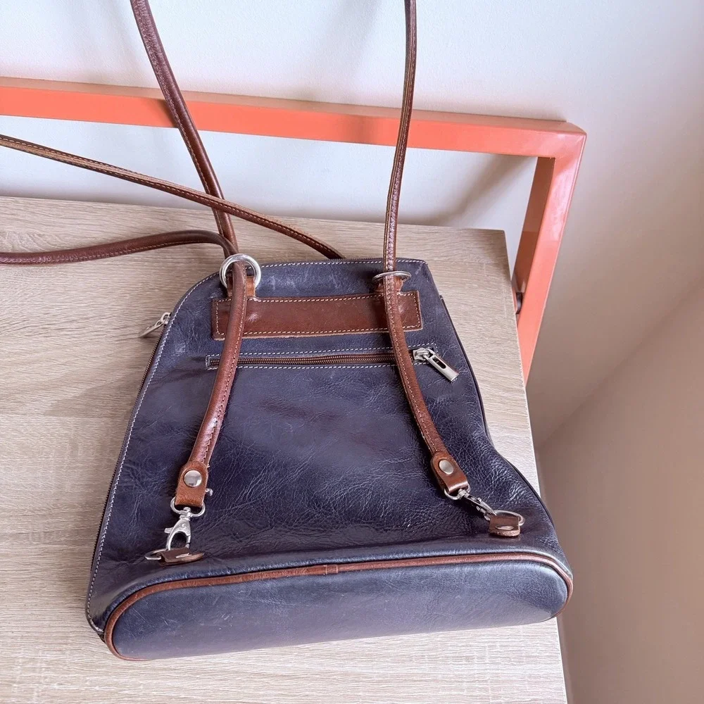 H Joe Stitched Leather Convertible Backpack Women's Navy‎ Brown Made in ITALY